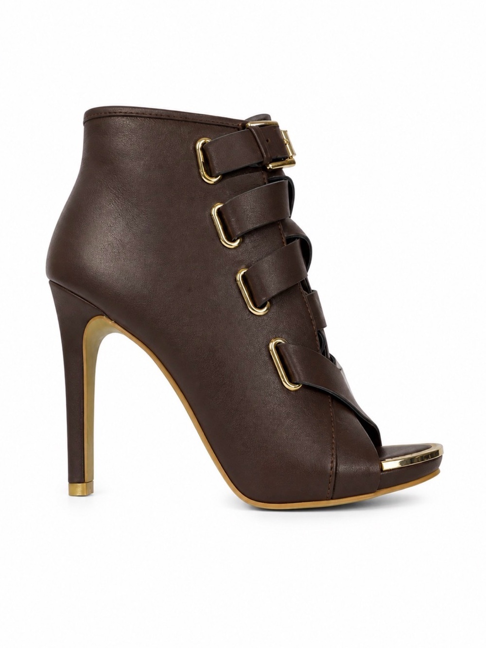NEW Women’s Brown Peep-Toe Lace-Up Stiletto Bootie edgy gold hardware SZ 8